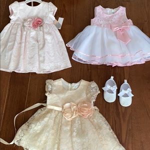 3 baby girl dresses size 6-9 and 1pair shoes